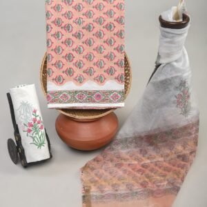 Unstitched Hand block Cotton Suit with Organza Dupatta